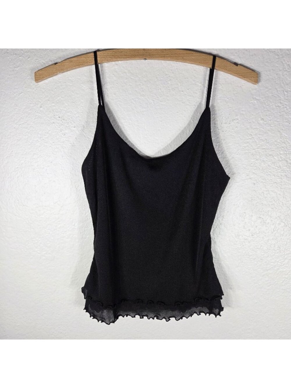 John Galt Black Mesh XS Cami Tank Top Spaghetti Strap Blouse Lettuce-Edge Hem